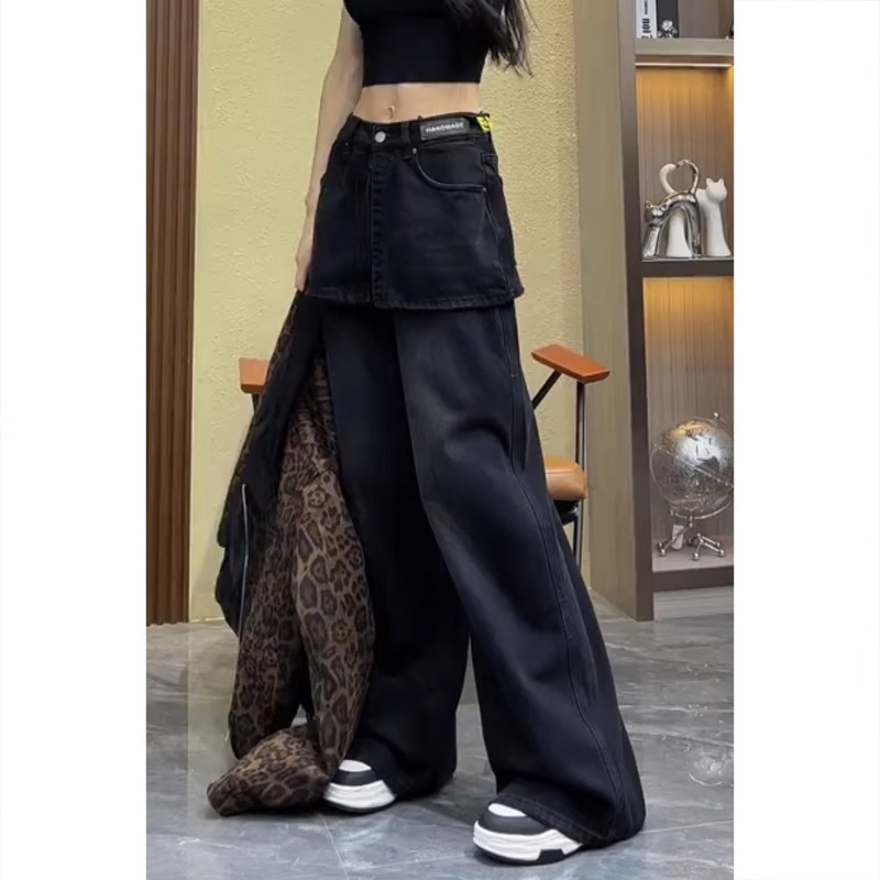 艾塔莉假两件阔腿牛仔裤女秋冬新款胖mm遮肉宽松加厚拖地裤小个子