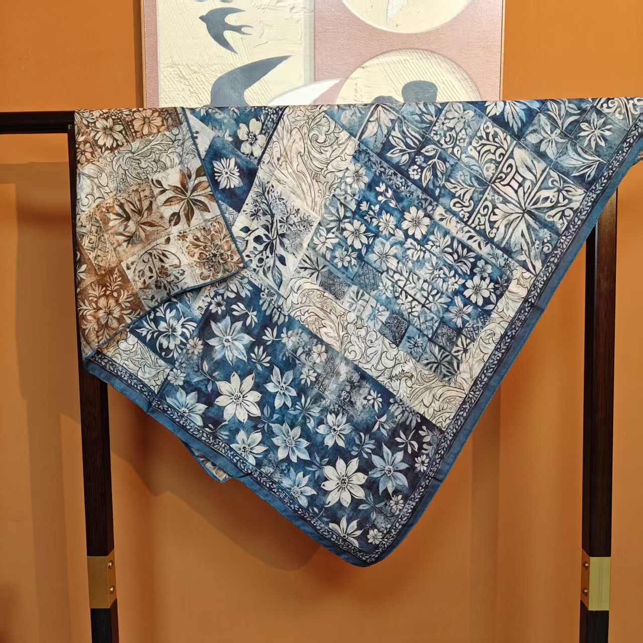 简约【青花】90*90重磅香云丝毛高货重磅国风高端丝巾-W21