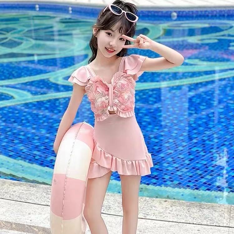 女童短袖防晒连体泳衣裙式速干立体大花儿童游泳衣泳衣儿童女款