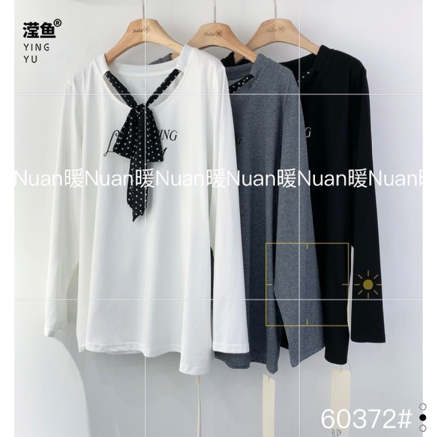 暖 60372大码长袖修身显瘦针织衫女气质波点丝巾t恤复古百搭上衣