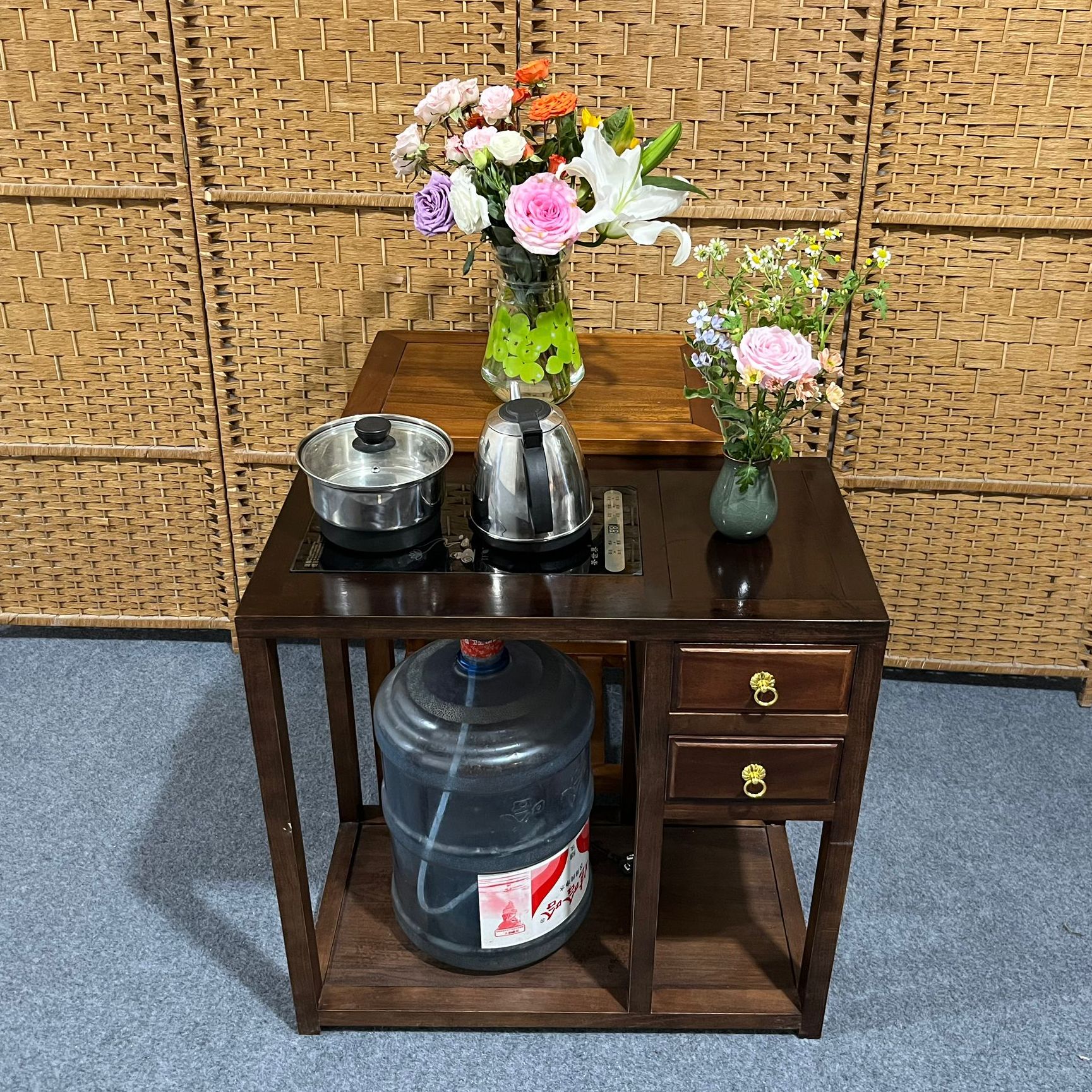 南美胡桃木做黑胡桃色开孔双抽茶水柜茶车边柜茶几烧水一体柜