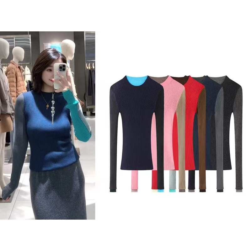 2025秋季新款复古撞色拼接圆领长袖针织衫女修身显瘦打底毛衣上衣