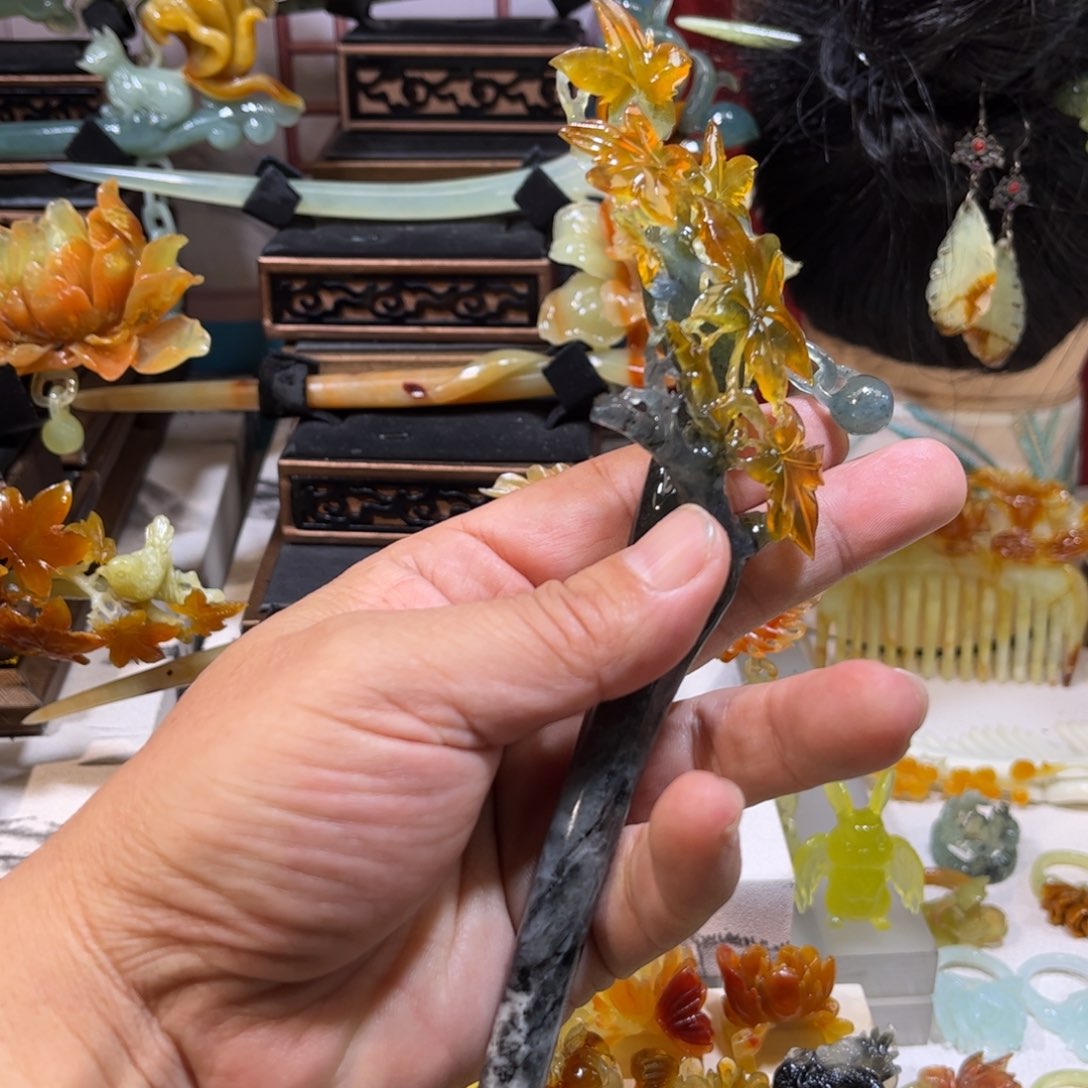 蛇纹石玉发簪合金未**长