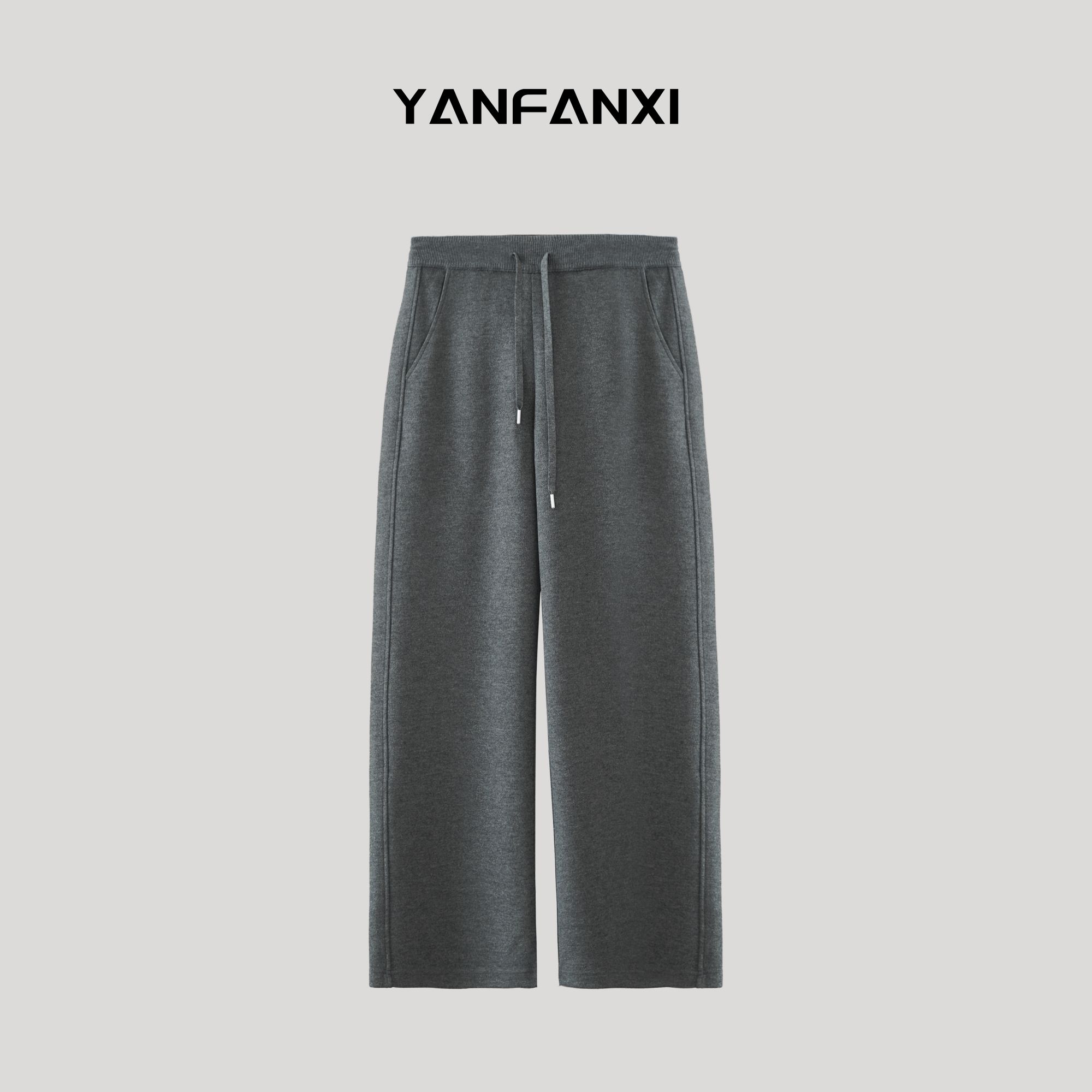 YANFANXI 深灰色针织阔腿裤女 高腰抽绳宽松九分裤 显高显瘦