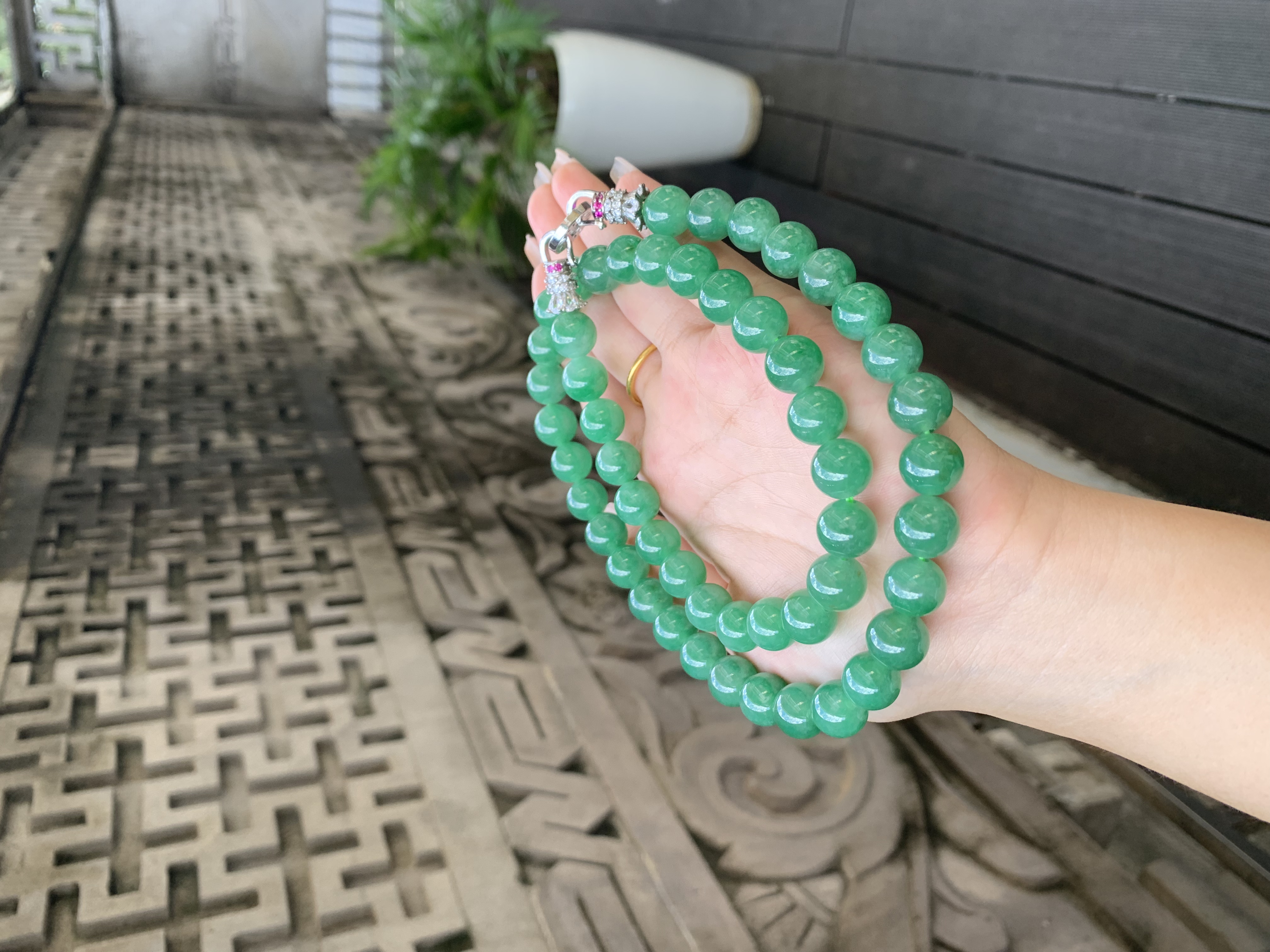 缅甸纯天然翡翠A货满绿大卡项链珠串卡11.2mm