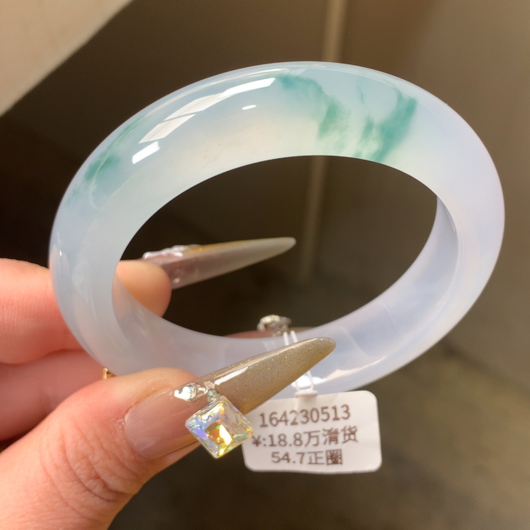 翡翠手镯未镶嵌冰紫飘蓝花厚装手镯
