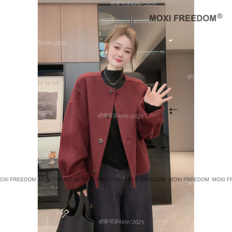 【卡瑞斯】25年新款韩版宽松小个子短款双面羊毛呢大衣外套女装