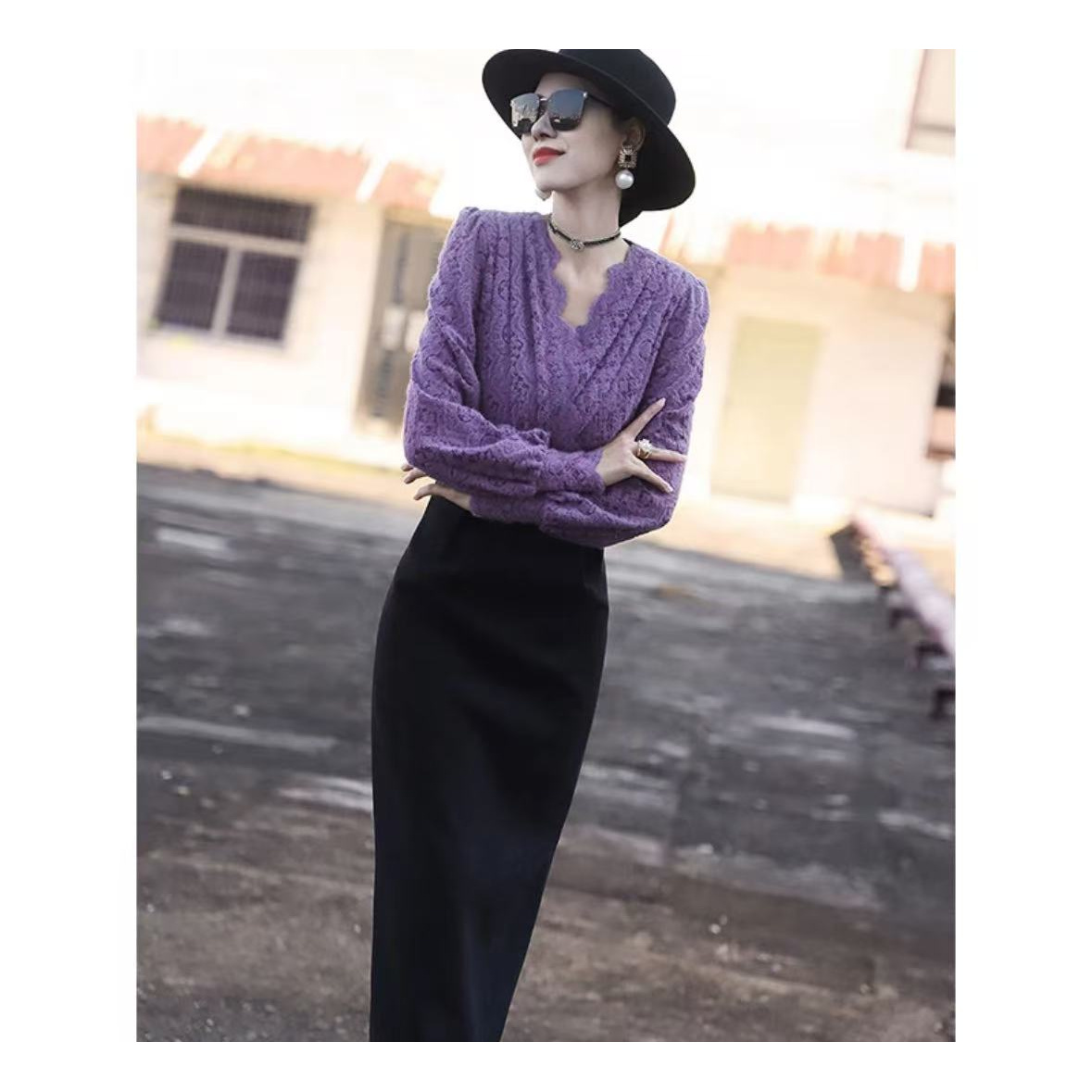 秋季新款裙子名媛显瘦蕾丝拼接V领包臀连衣裙