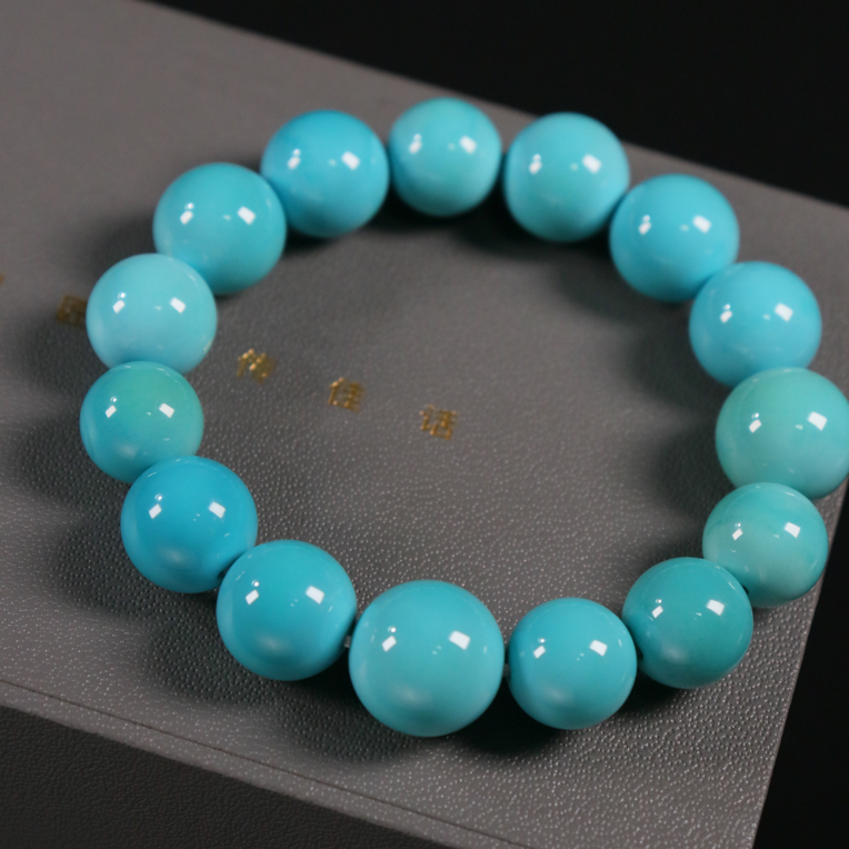 原矿绿松石精品玉化水波纹圆珠手串，直径11-13.4mm，重37g，圈围15