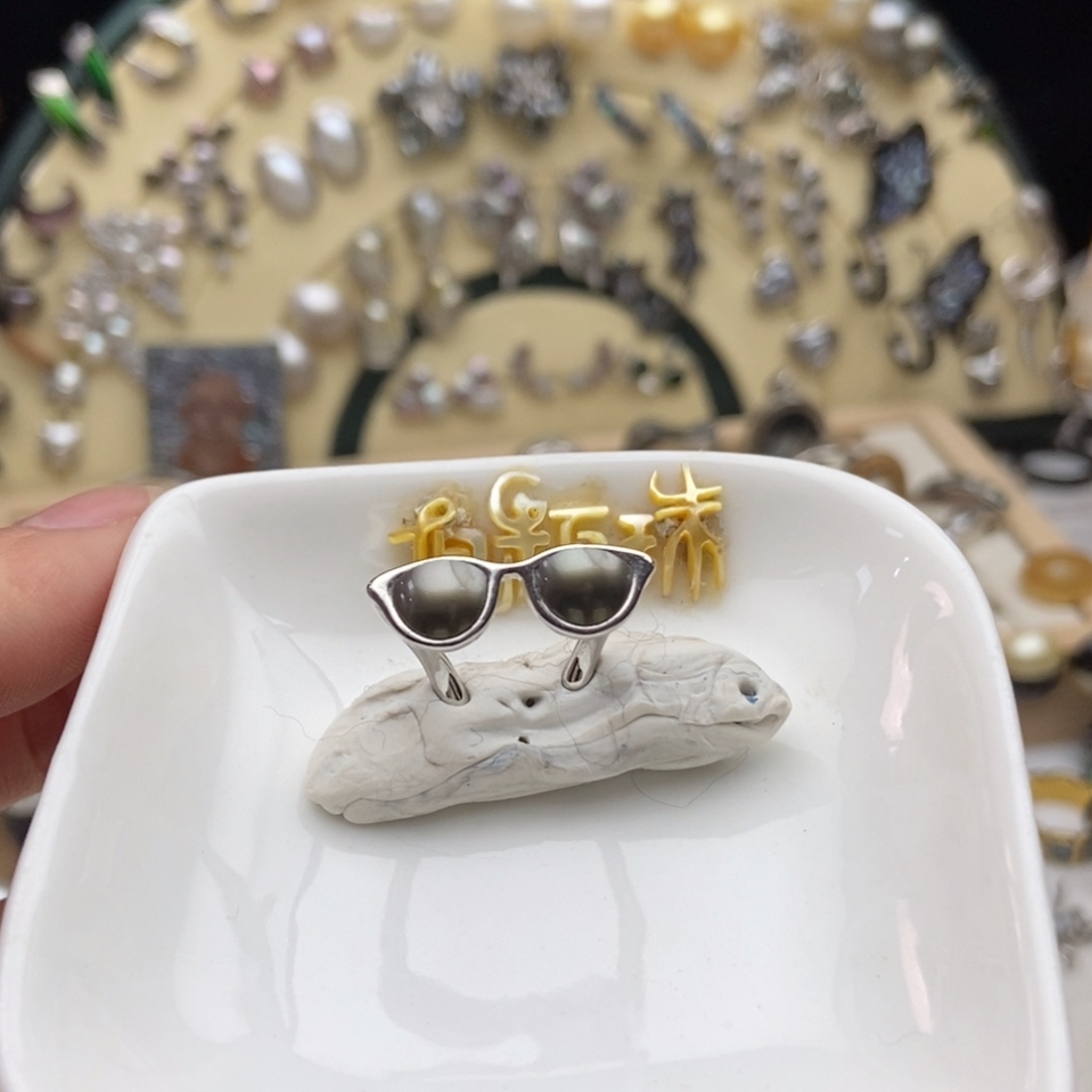 海水珍珠银S925镶嵌画框大溪地墨镜戒指可调节