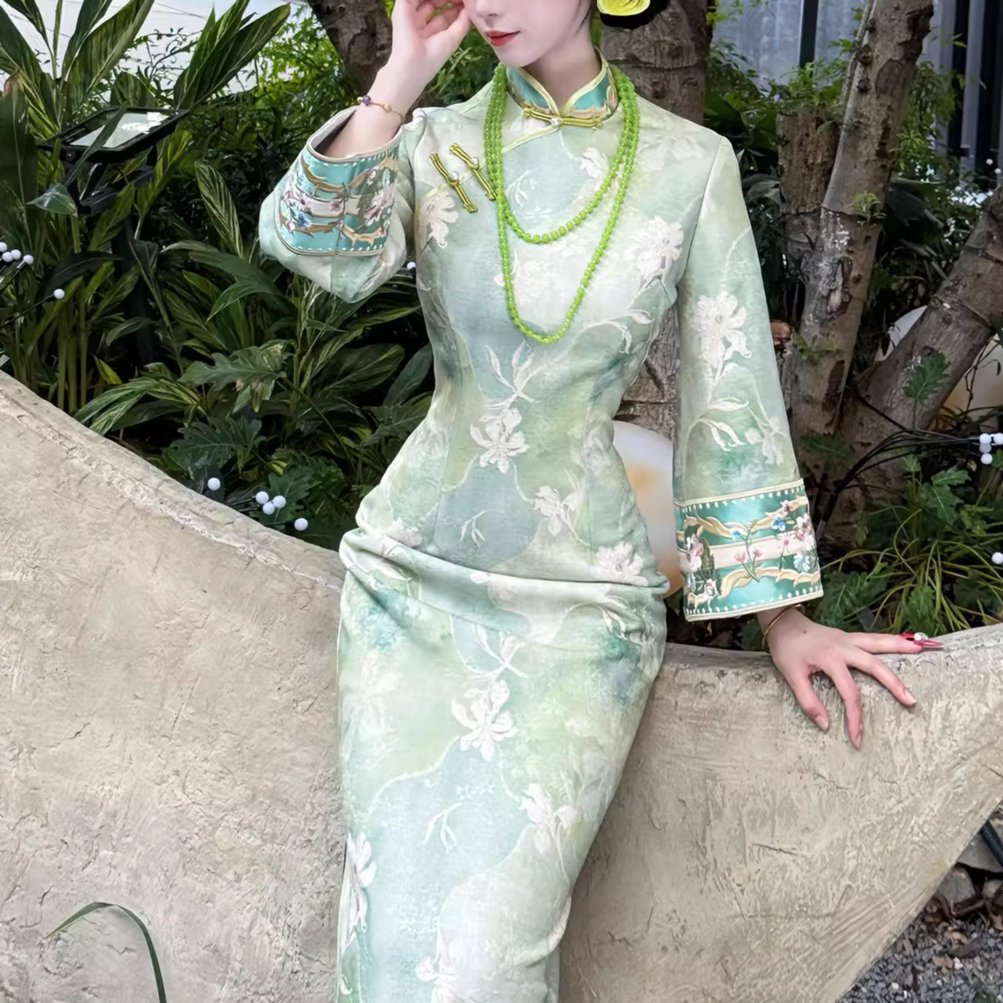 秋冬厚款针织提花旗袍中式改良连衣裙日常长袖旗袍英花绿颜倒大袖