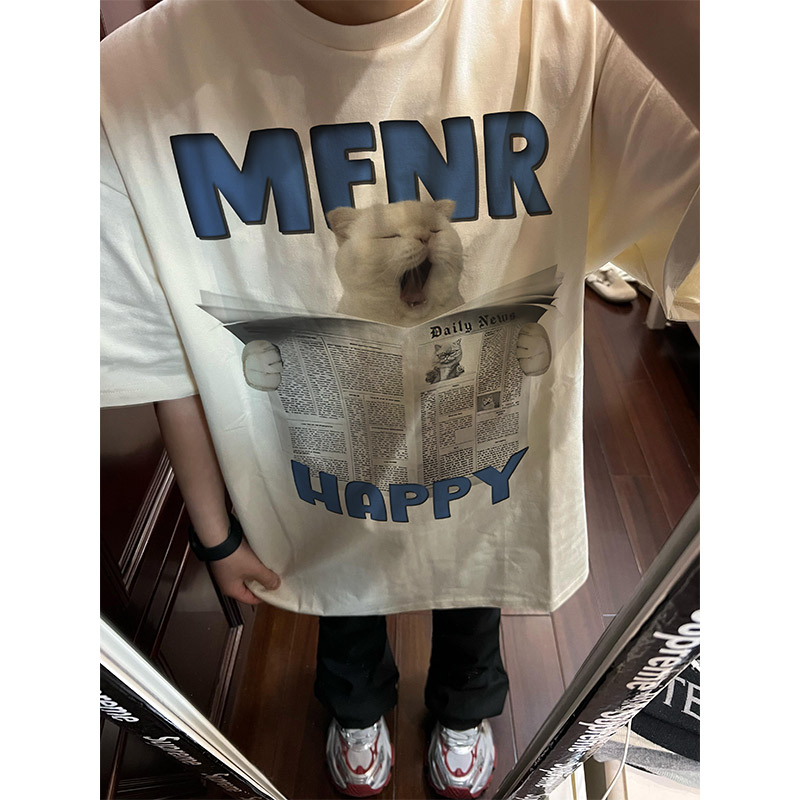 夏季潮牌设计感趣味报纸小猫印花男女生320g重磅纯棉情侣短袖T恤