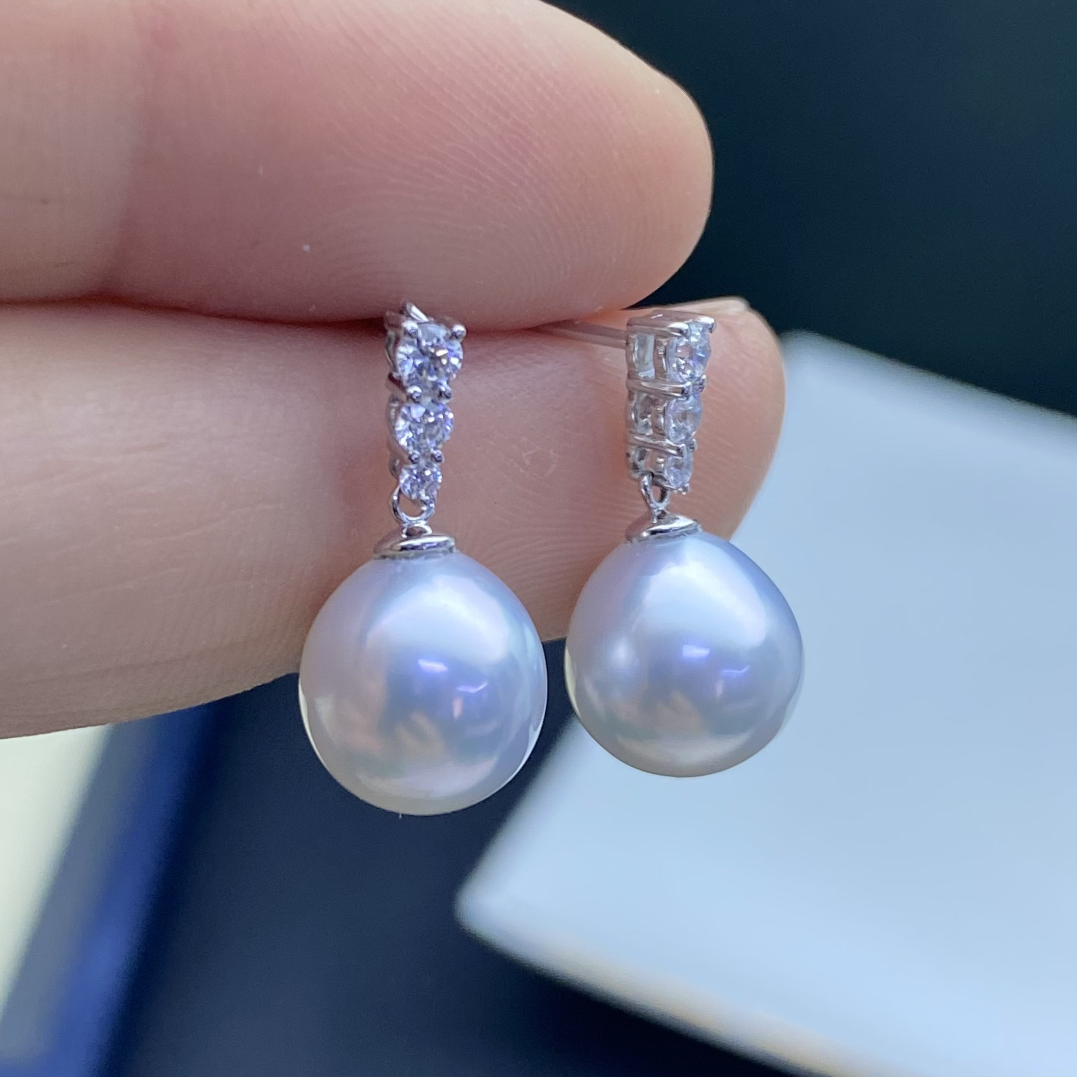 18k金镶嵌冷蓝光澳白珍珠耳环天然海水珍珠耳钉9-10mm强光时尚女