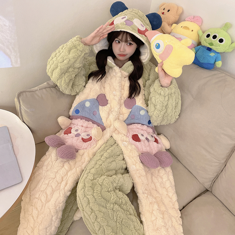 冬季女睡袍女法兰绒圣诞鼻涕猪珊瑚绒睡衣女加绒加厚家居服套装