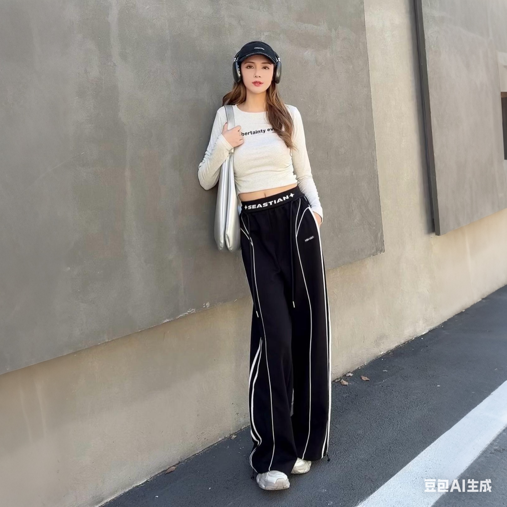 美式复古三条条纹宽松阔腿休闲运动裤