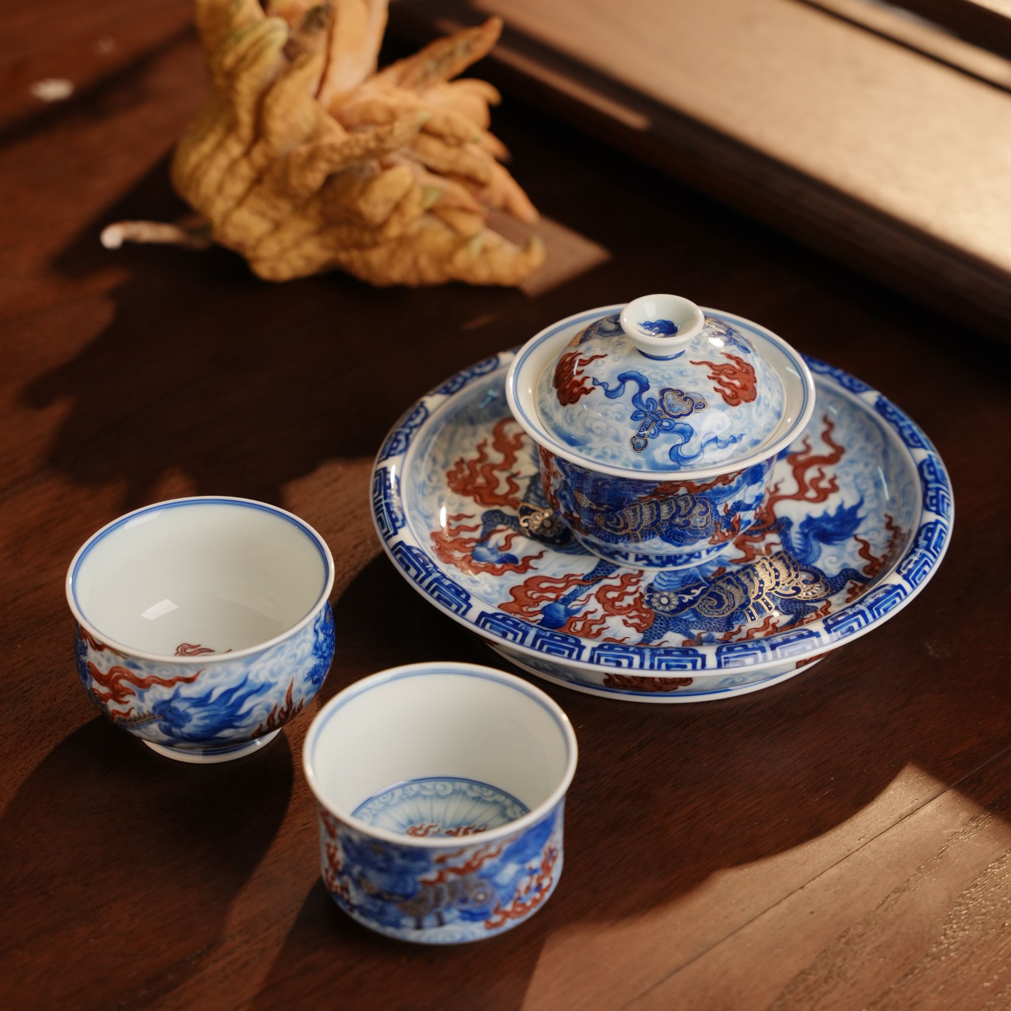 永明尚玩青花釉里红铠甲麒麟高端茶器系列