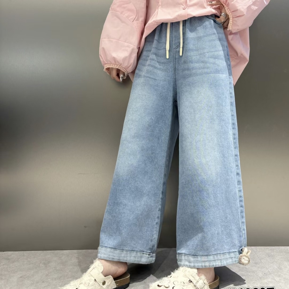 大窦窦胖妹妹阔腿裤九分裤春季大码牛仔裤微弹高腰松紧直筒裤长裤