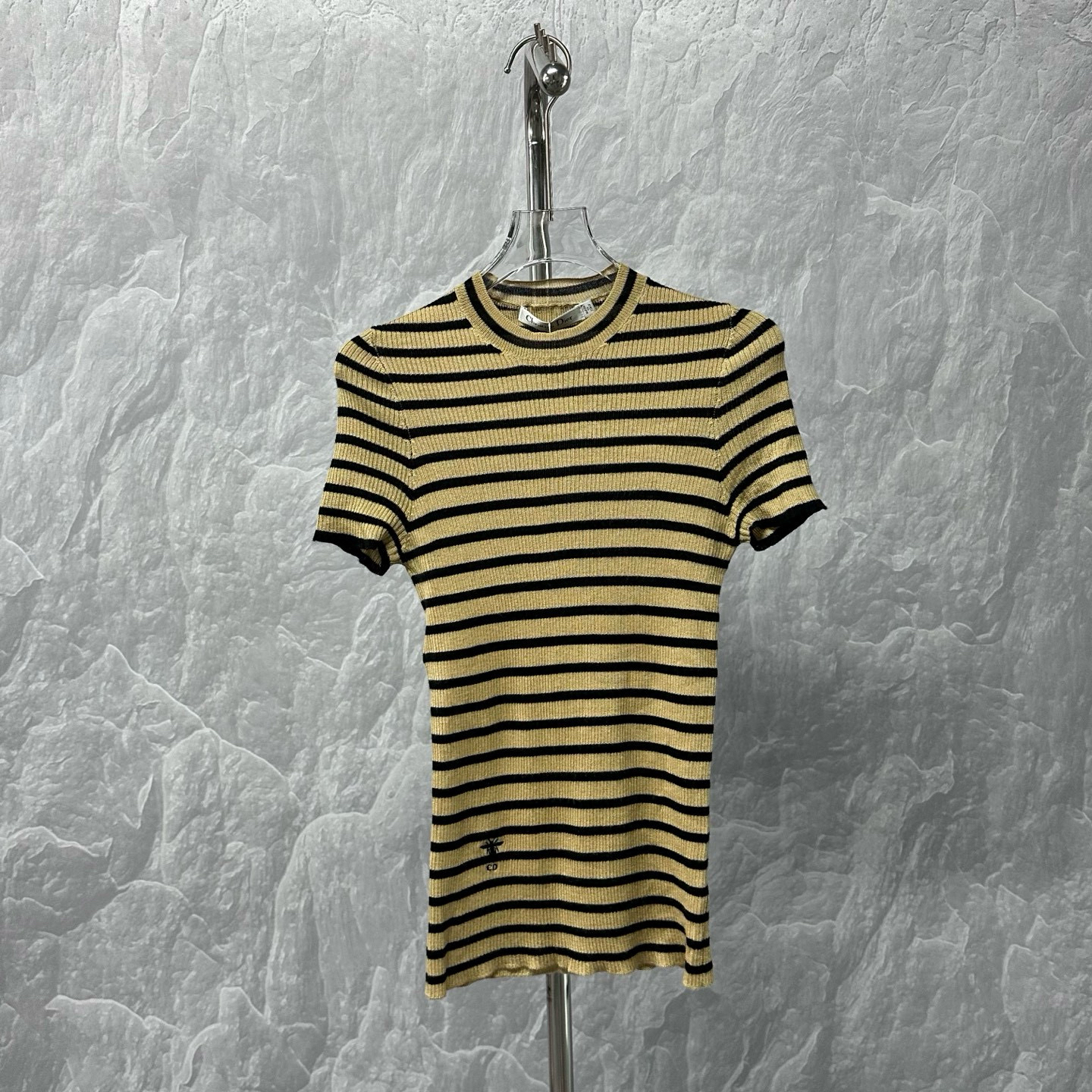 未使用 DIOR/迪奥 蜜蜂刺绣条纹羊毛短袖 38码 D17311