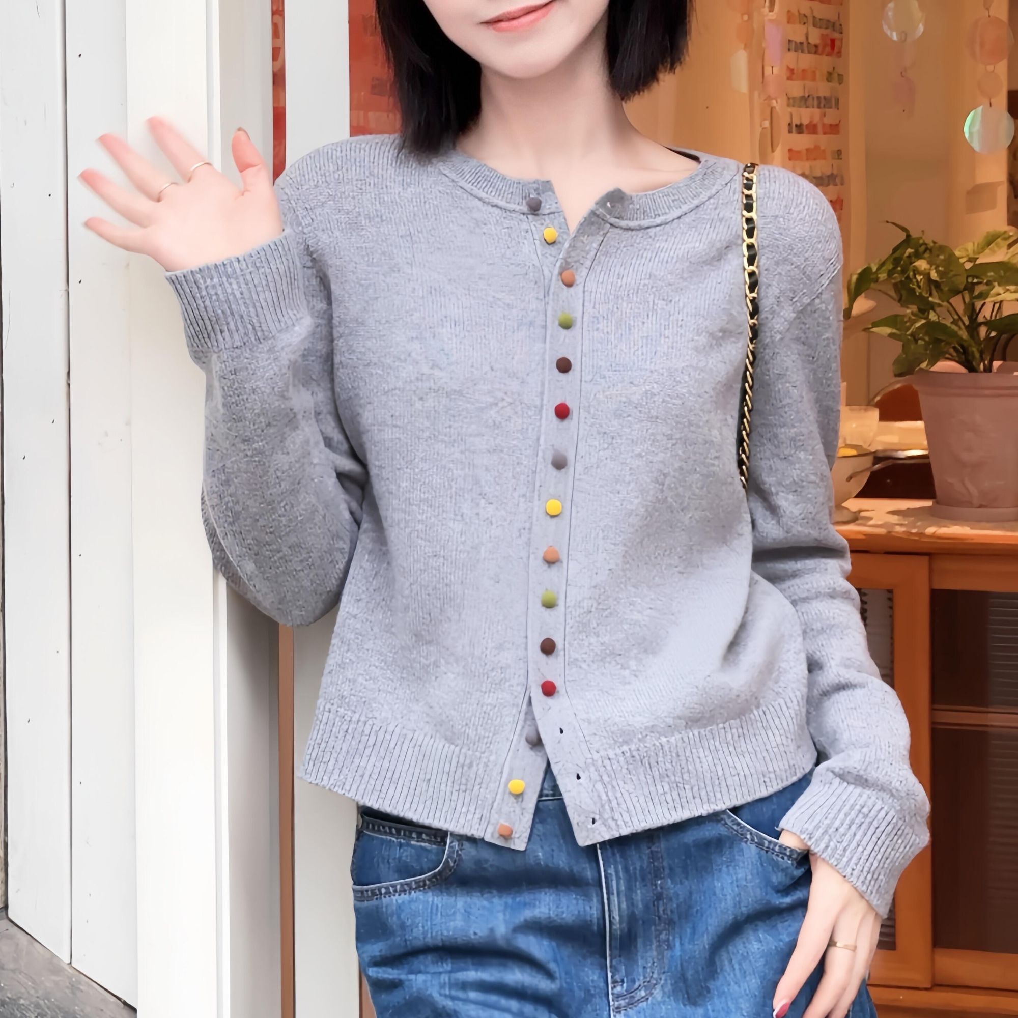 【专柜品质】秋冬新款气质时尚圆领设计感长袖针织开衫女上衣148064