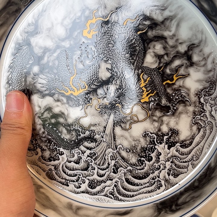 瓷片景德镇黑墨龙游海大壶承