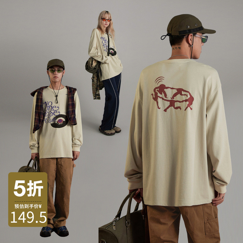 NO ONE ELSE美式复古女装宽松夏季圆领情侣男女前后印花长袖T恤