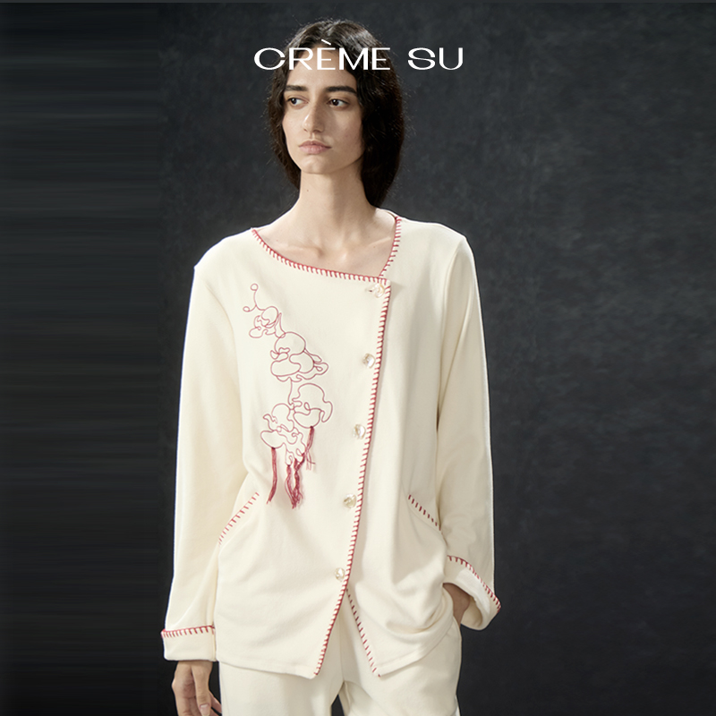 CremeSu兰煦系列蓄热保暖睡衣慕斯绒不对称斜领立体绣花家居服