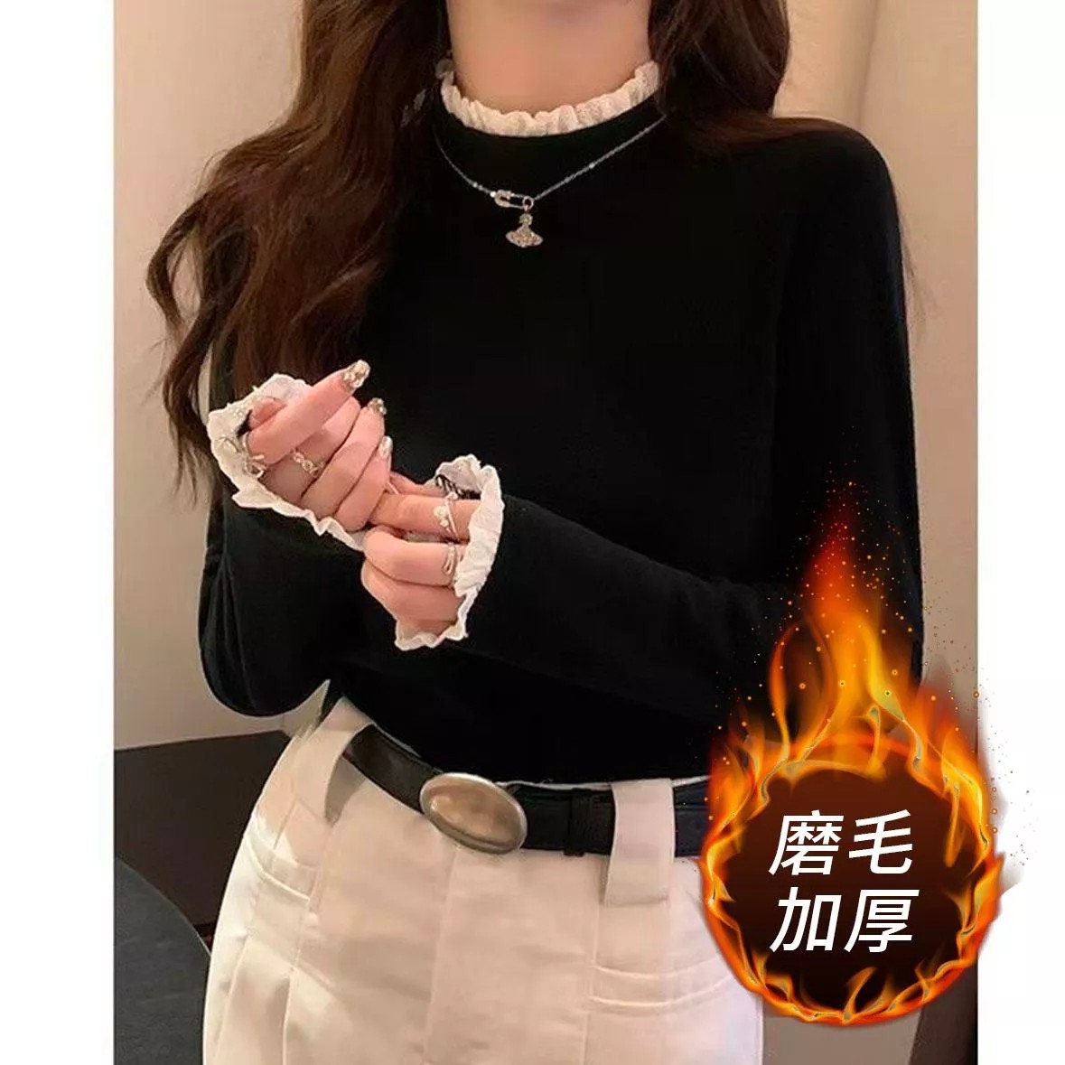 【运费补贴】花边打底衫秋冬半高领蕾丝内搭长袖T恤磨毛加厚上衣458