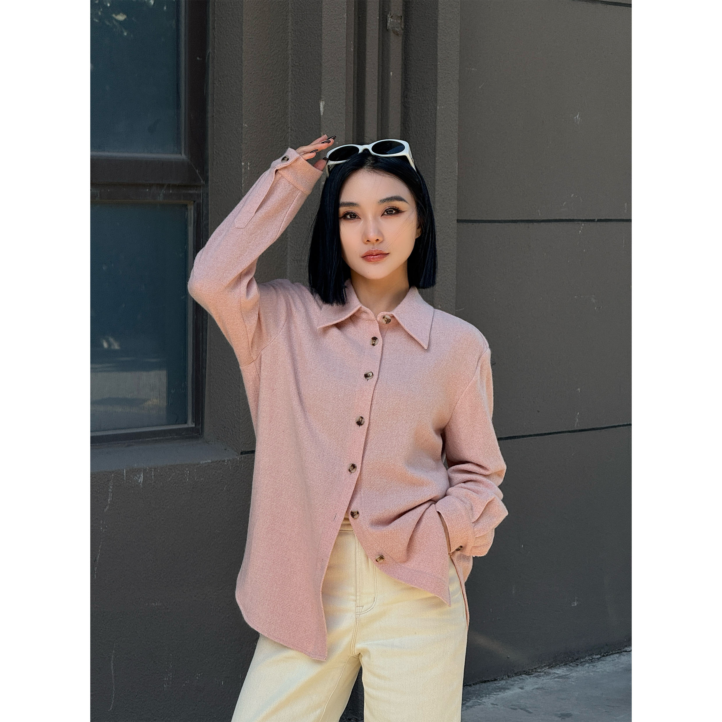 【妙妙精选】HUANGNAJI翻领长袖时尚2气质设计感羊绒衬衫ZB100