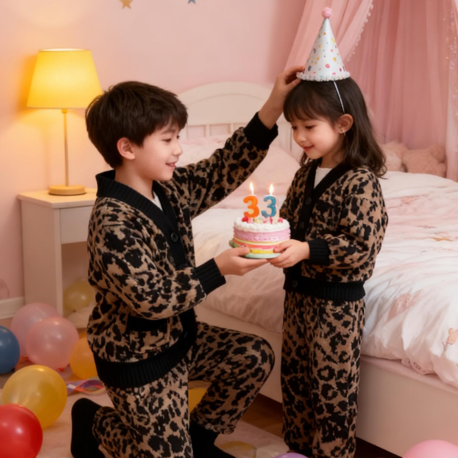 2025新款亲子睡衣秋冬季豹纹双面雪花绒儿童长袖加绒加厚家居服