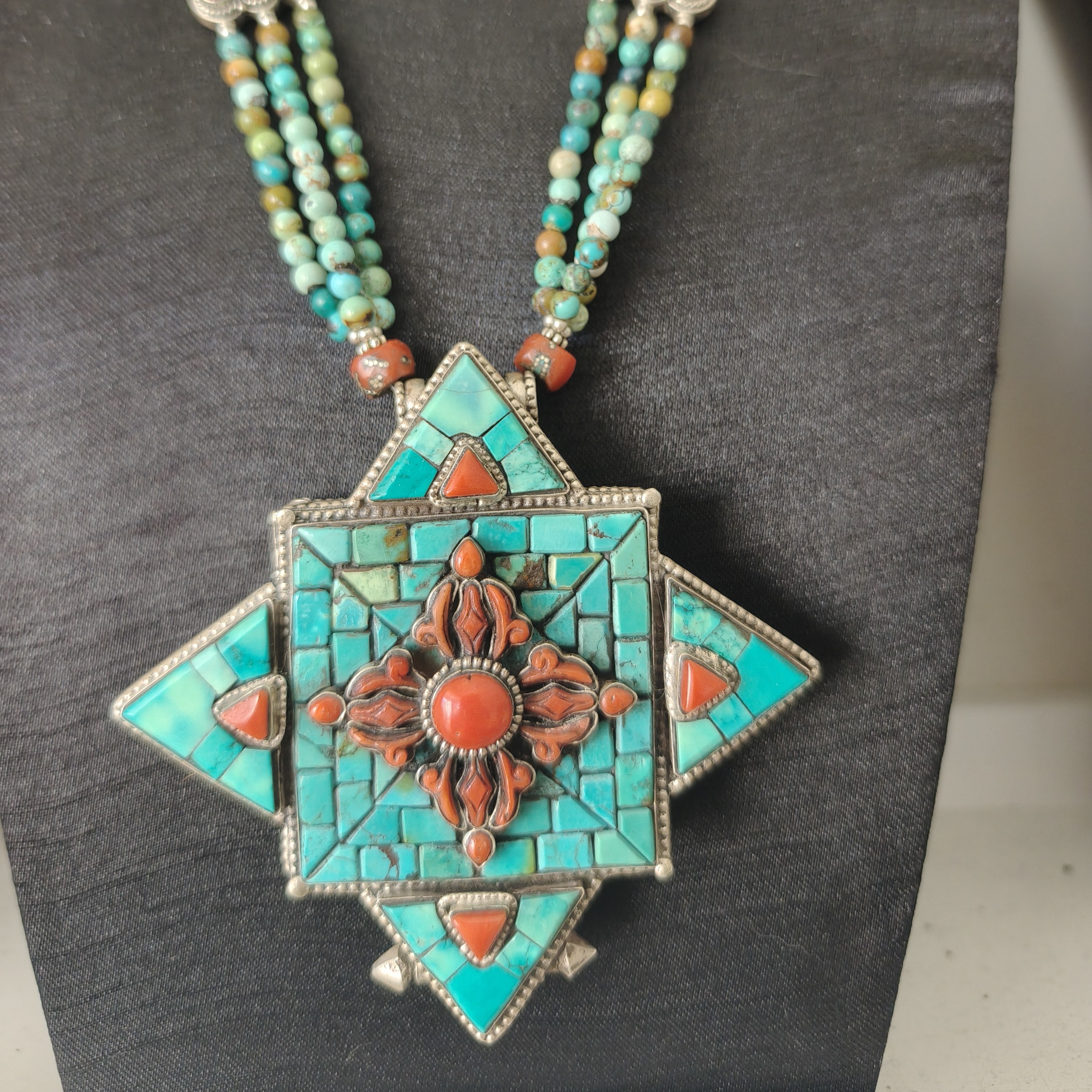 坠链均925银大理石 尼泊尔手工银项链 藏式民族风