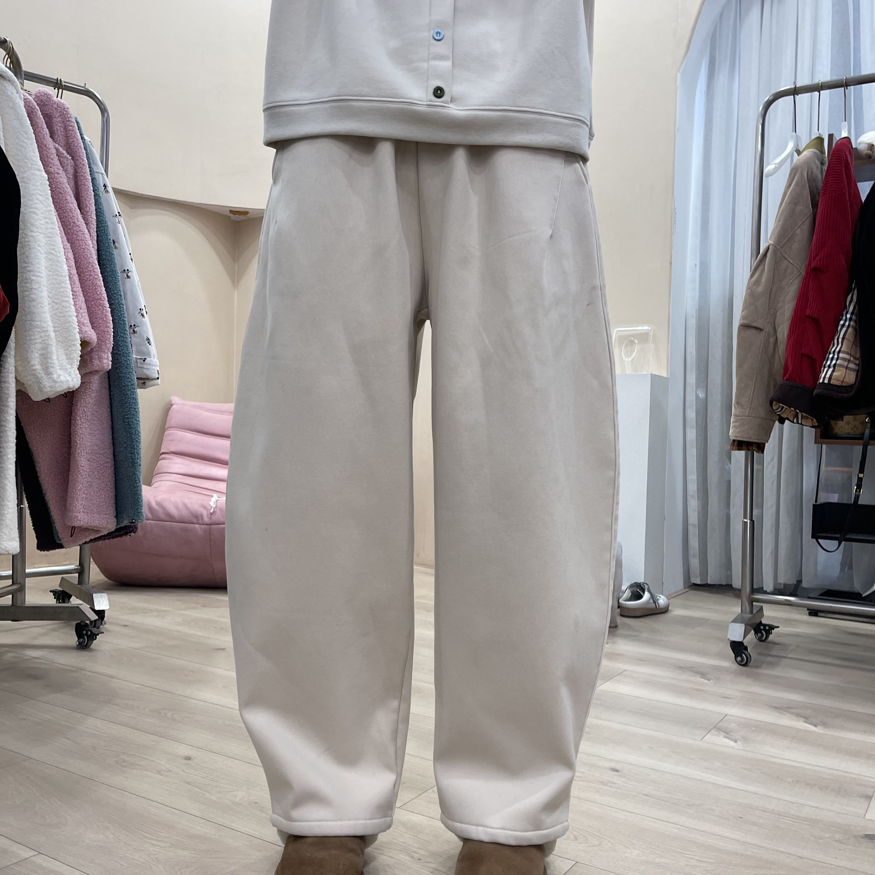 1141韩国新款加厚加绒米杏色牛仔裤女