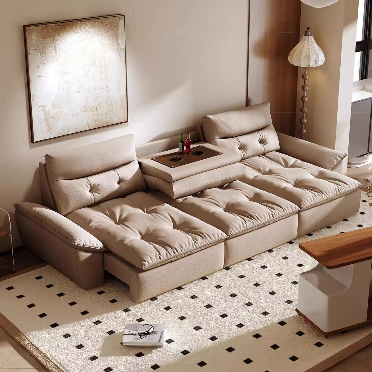 新款帆船云朵沙发客厅电动伸缩功能多人位零靠墙布艺奶油风沙发床