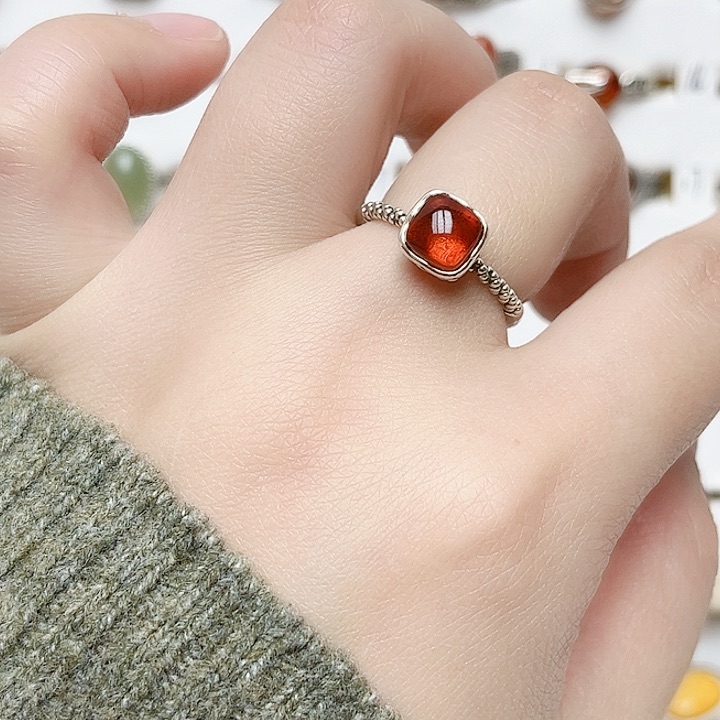 琥珀戒指银S925镶嵌天然