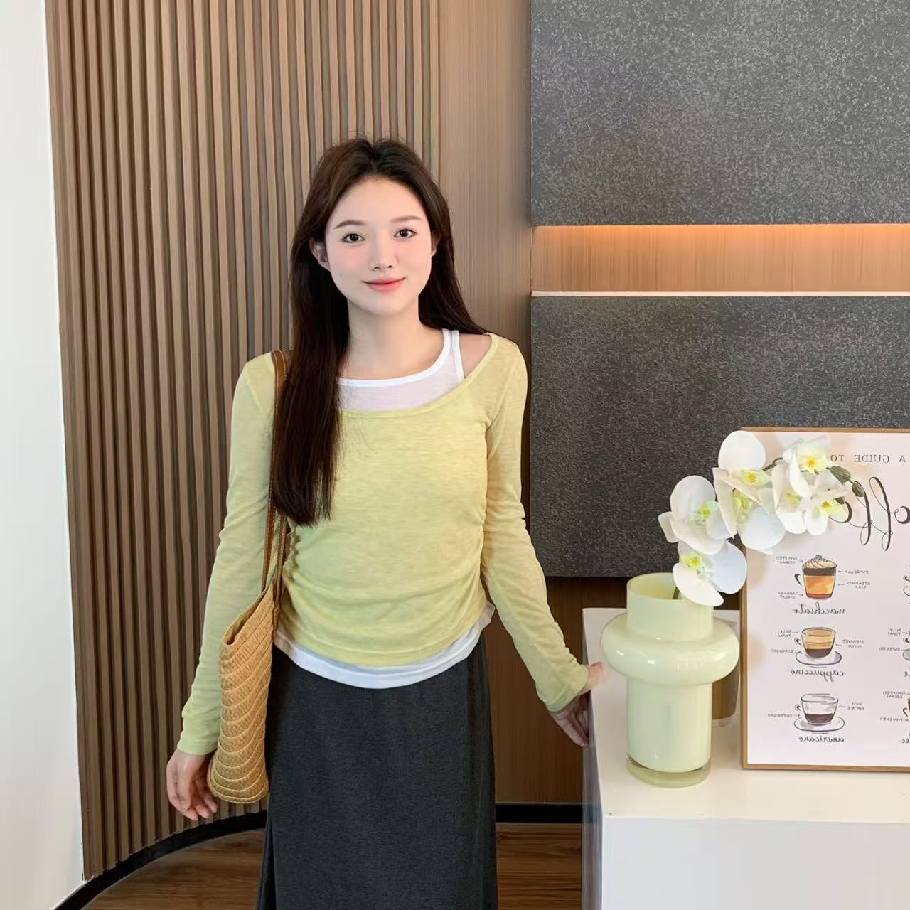 小羽酱小个子定制早秋韩系设计感假两件撞色显瘦抽褶收腰长袖T恤