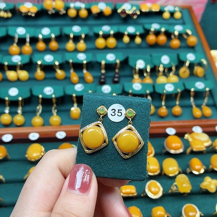 琥珀银S925镶嵌耳饰