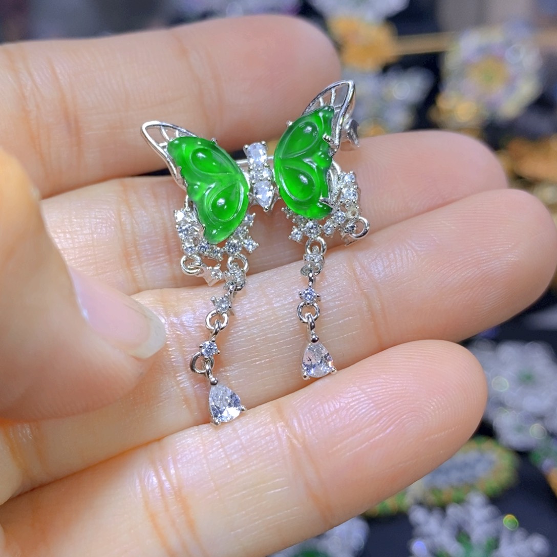 翡翠耳钉银S925镶嵌天然翡翠