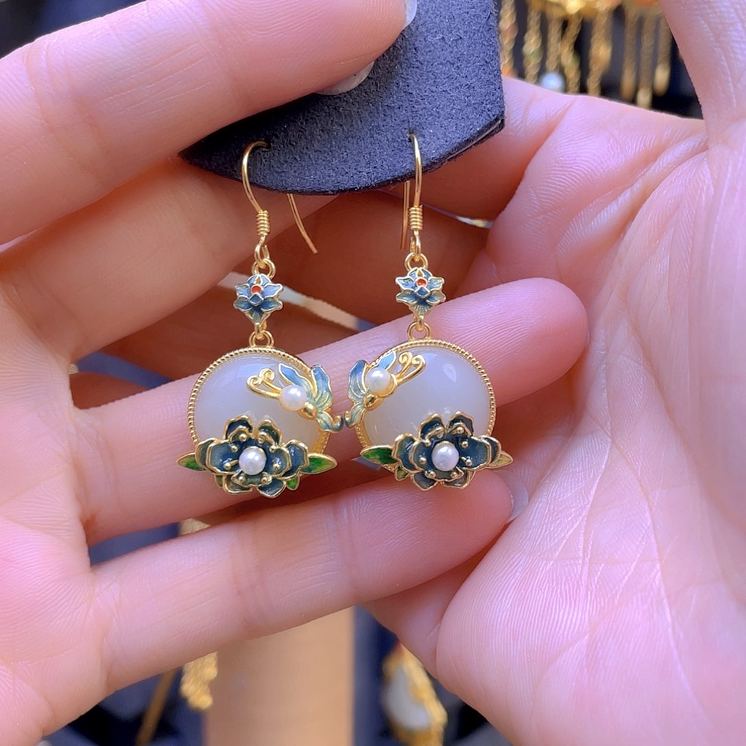 和田玉耳饰银S925镀金镶嵌