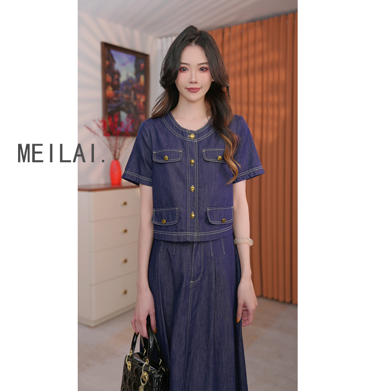 2025夏季新款复古气质减龄牛仔套裙牛仔短袖上衣A字半身裙套装