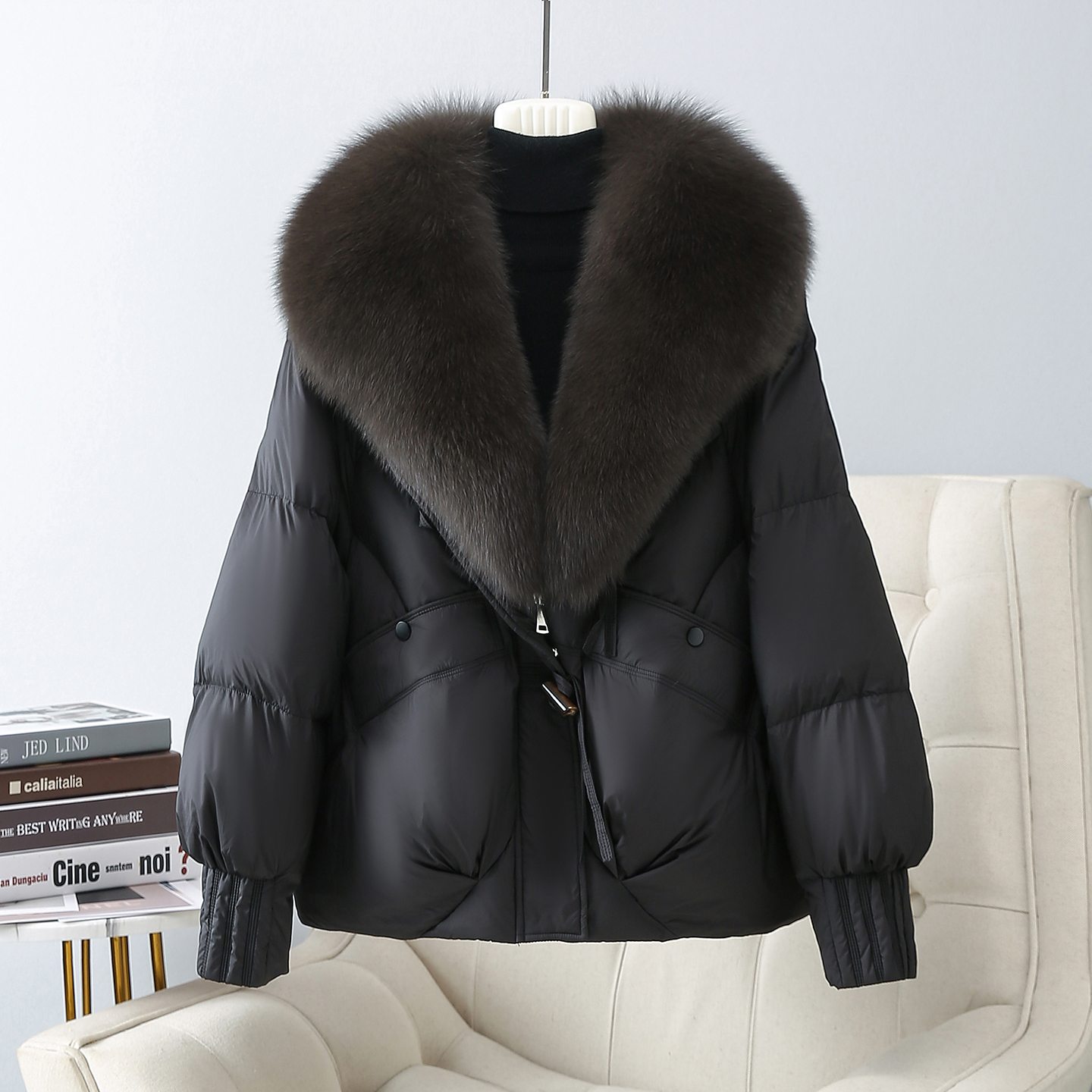 2025新款大毛领皮草白鸭绒女装短款宽松冬季小个子羽绒服加厚外套