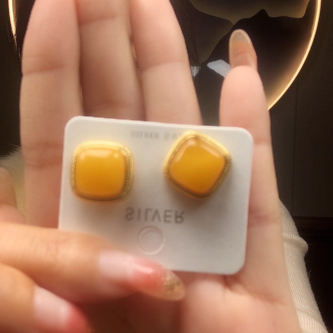 蜜蜡耳饰银S925镶嵌耳钉