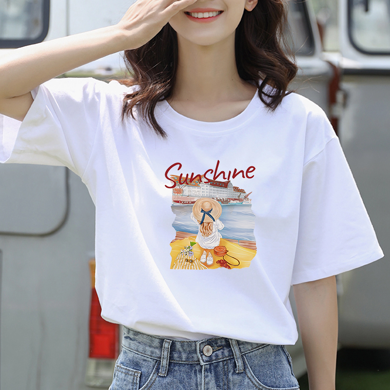 短袖ins圆领T恤白色秋夏男女短款印花短袖极简风印花宽松型常规