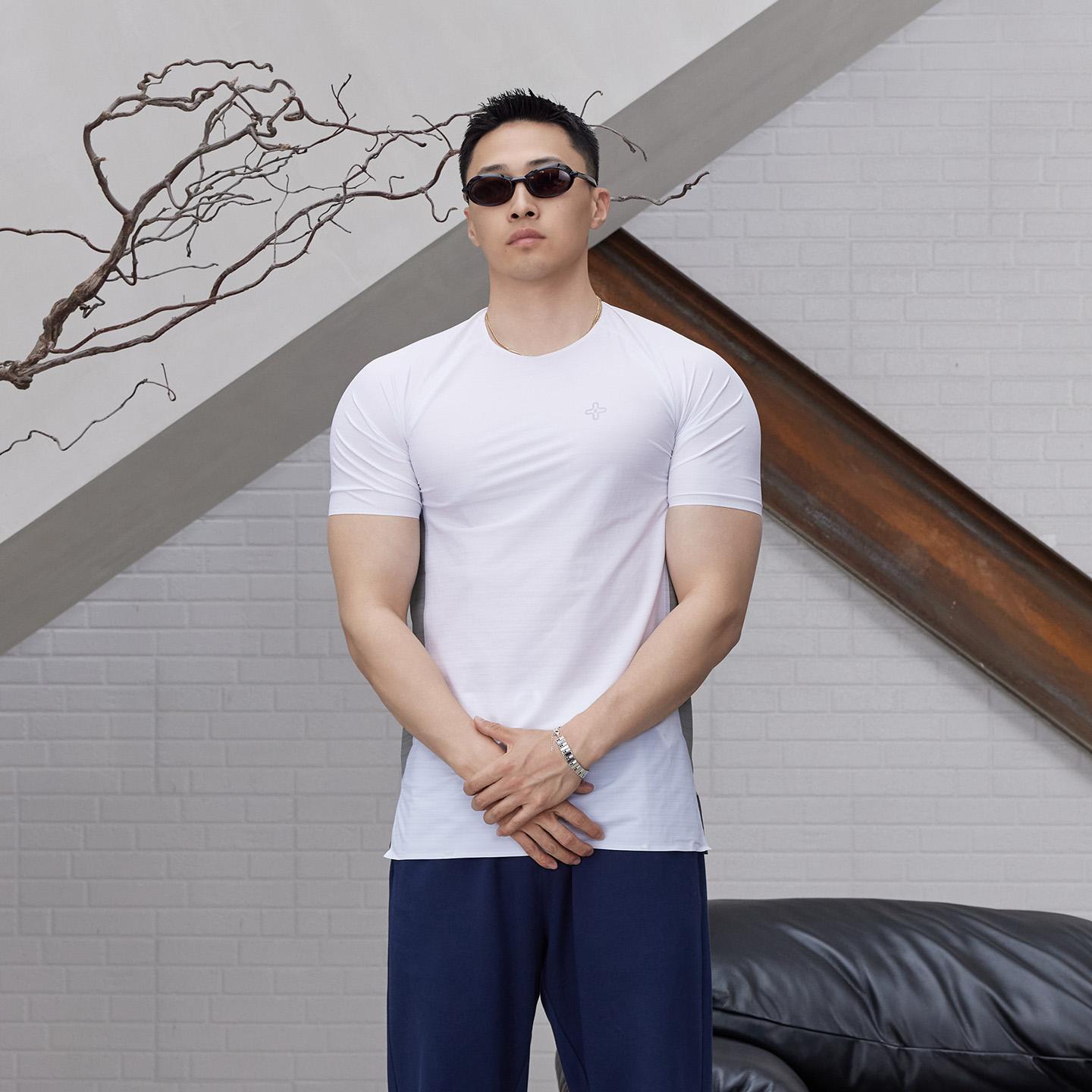 Basic Unit基本单元 夏季压胶运动T恤男短袖紧身拼色弹力健身衣服