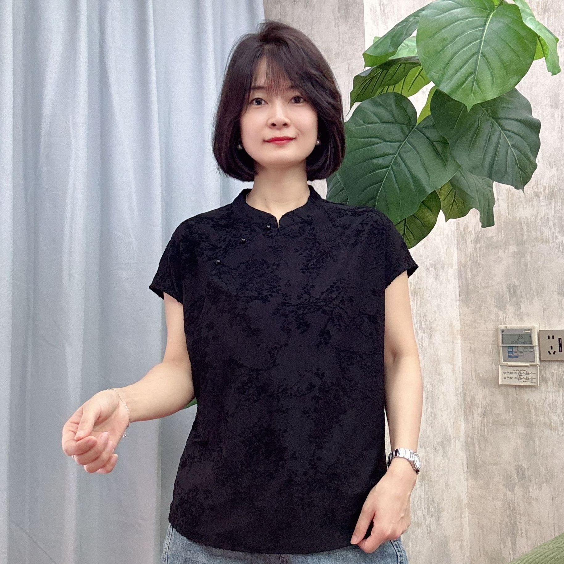8889夏季冰蚕丝提花新中式T恤短袖连肩小衫显瘦气质