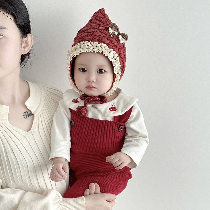 宝宝帽子冬天红色毛线帽韩版尖顶针织保暖护耳帽婴幼儿小精灵帽子