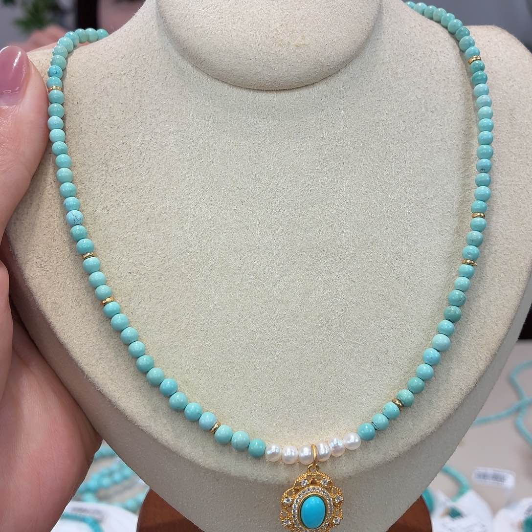 绿松石银S925镀金镶嵌项链