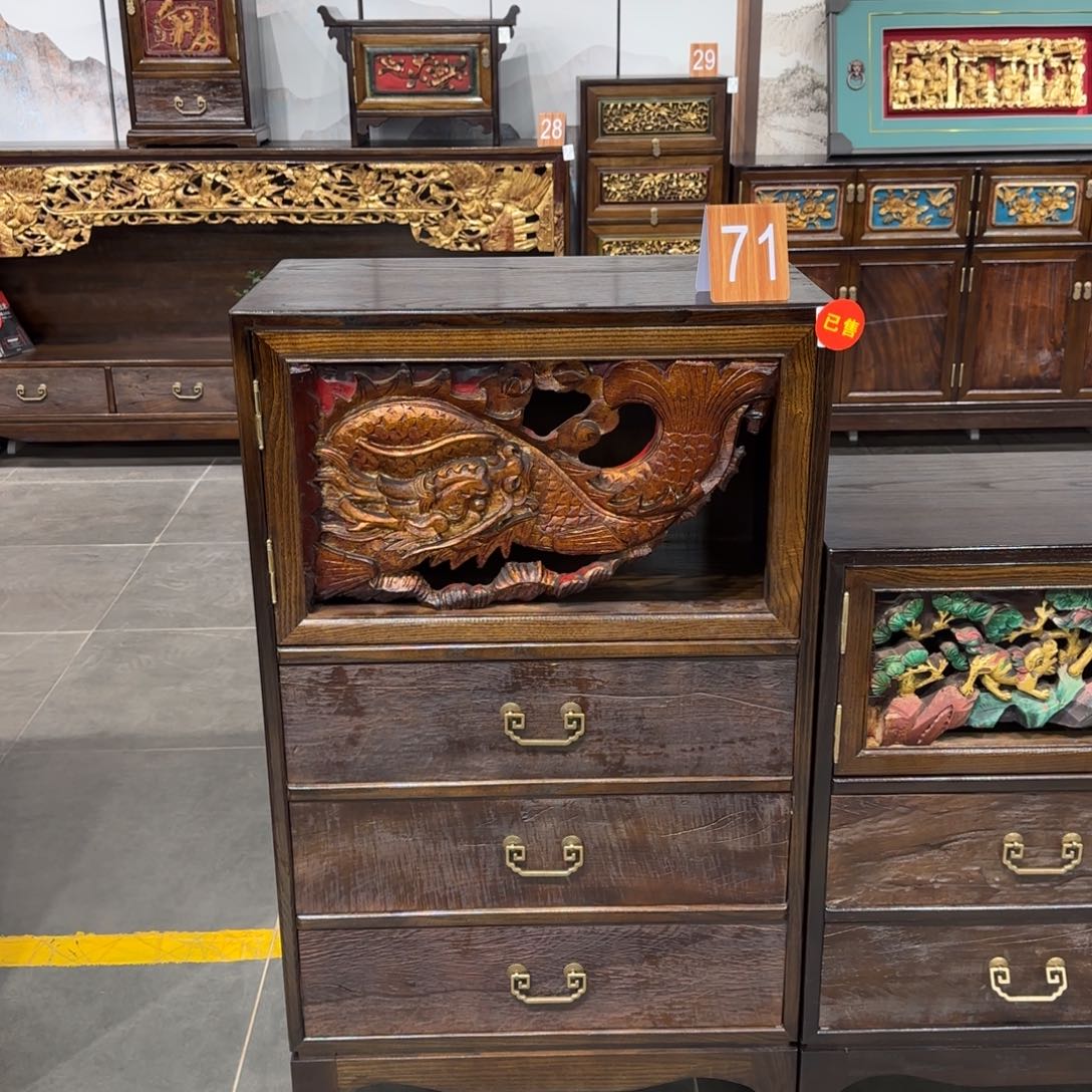 天***膀圆角款大理石榉木复古家具边柜边柜