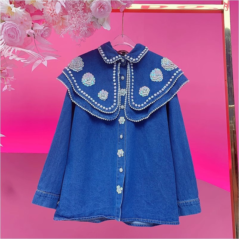 A1262欧美设计师2025早春新款钉钻刺绣立体花公主领时尚牛仔衬衫
