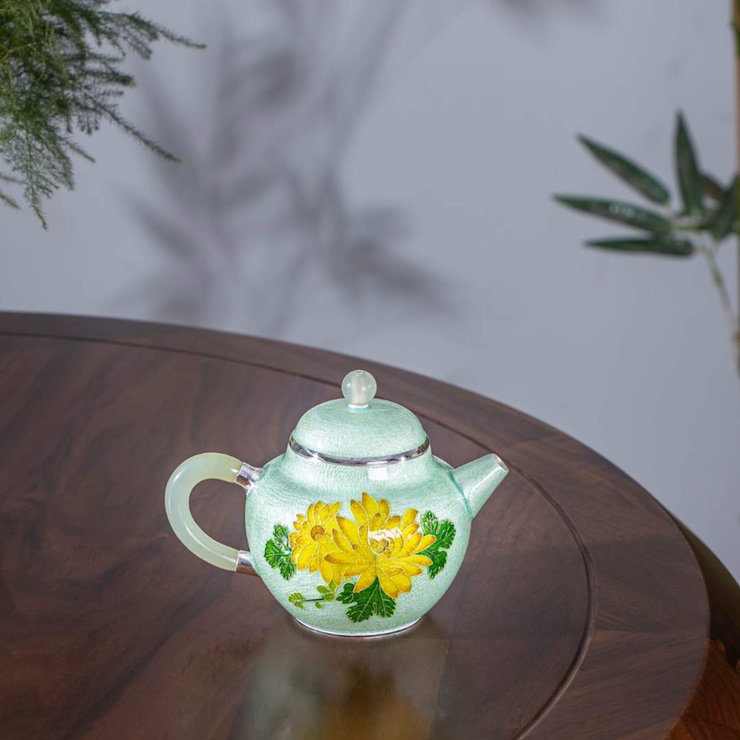 蜂鸟工坊纯手工七宝烧菊花掇只银壶泡茶壶高端FNN1368