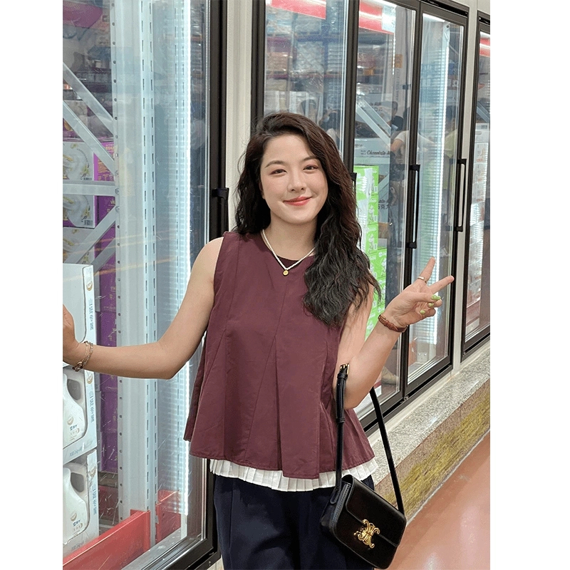 WenWen小个子小众韩系时尚简约纯色假两件压褶百搭无袖上衣1438