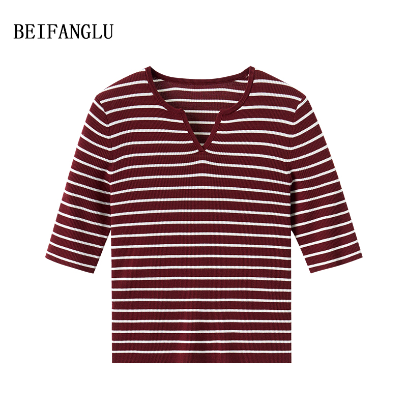 北方鹿【100精纺羊毛】早秋新品气质小V领条纹显瘦百搭针织衫251020